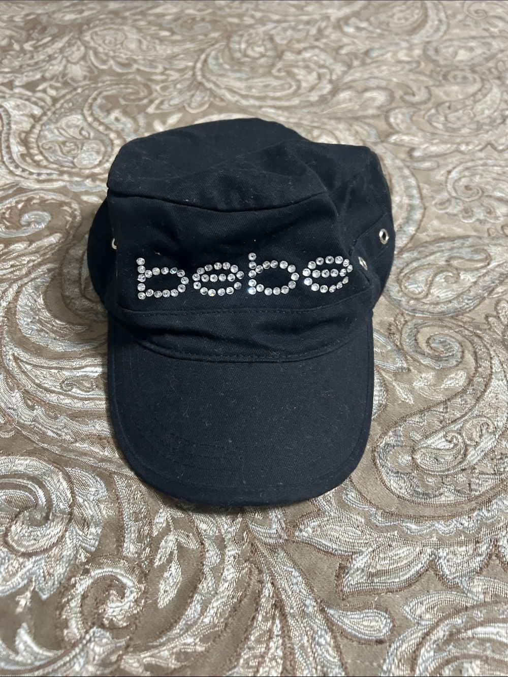 bebe Black Military-Style Cap with Crystal Logo